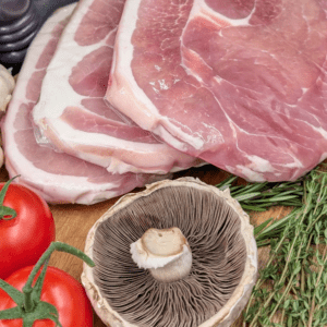 Gammon rashers with a selection of herbs and vegetables