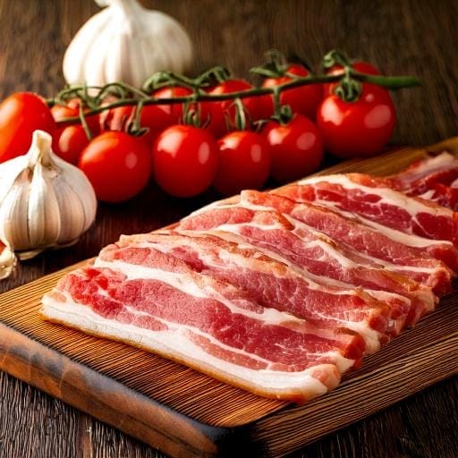 uncooked smoked bacon on a wooden chopping board, with garlic and cherry tomatoes in the background