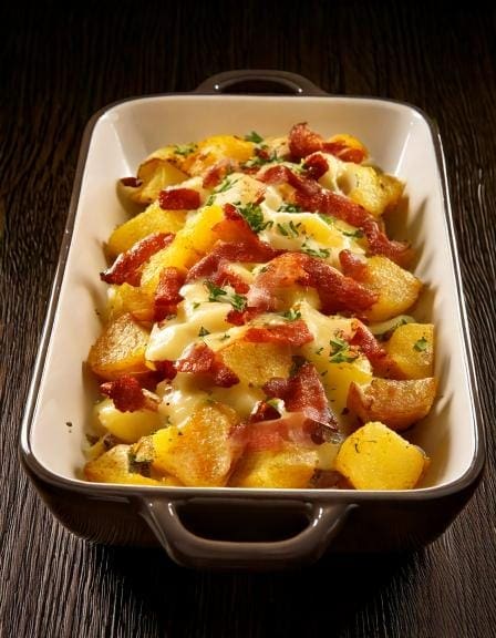 Creamy bacon & brussels sprout roast potato topper.