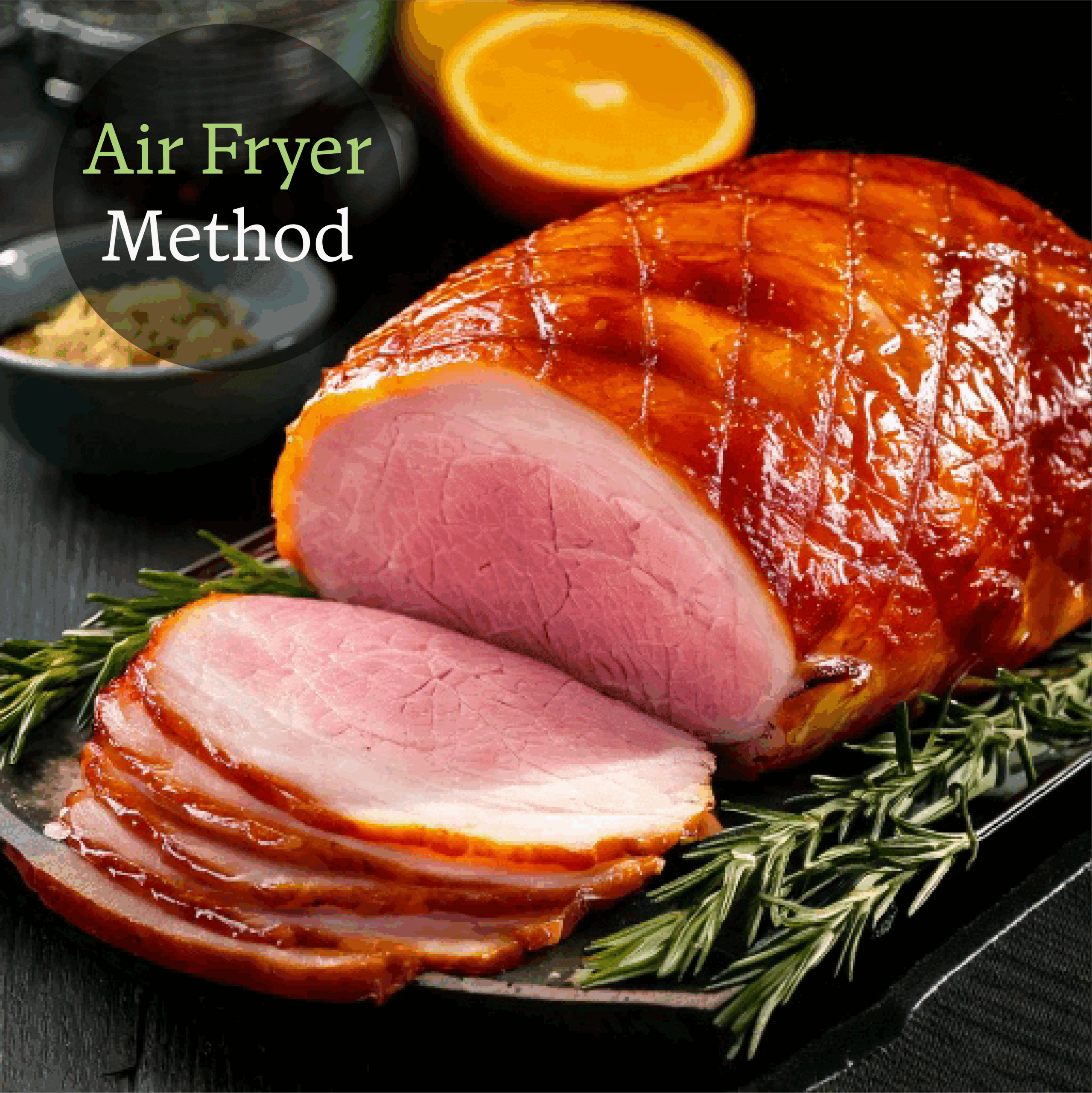 Honey and orange glazed ham joint. The fat has been scored in a diamond pattern.